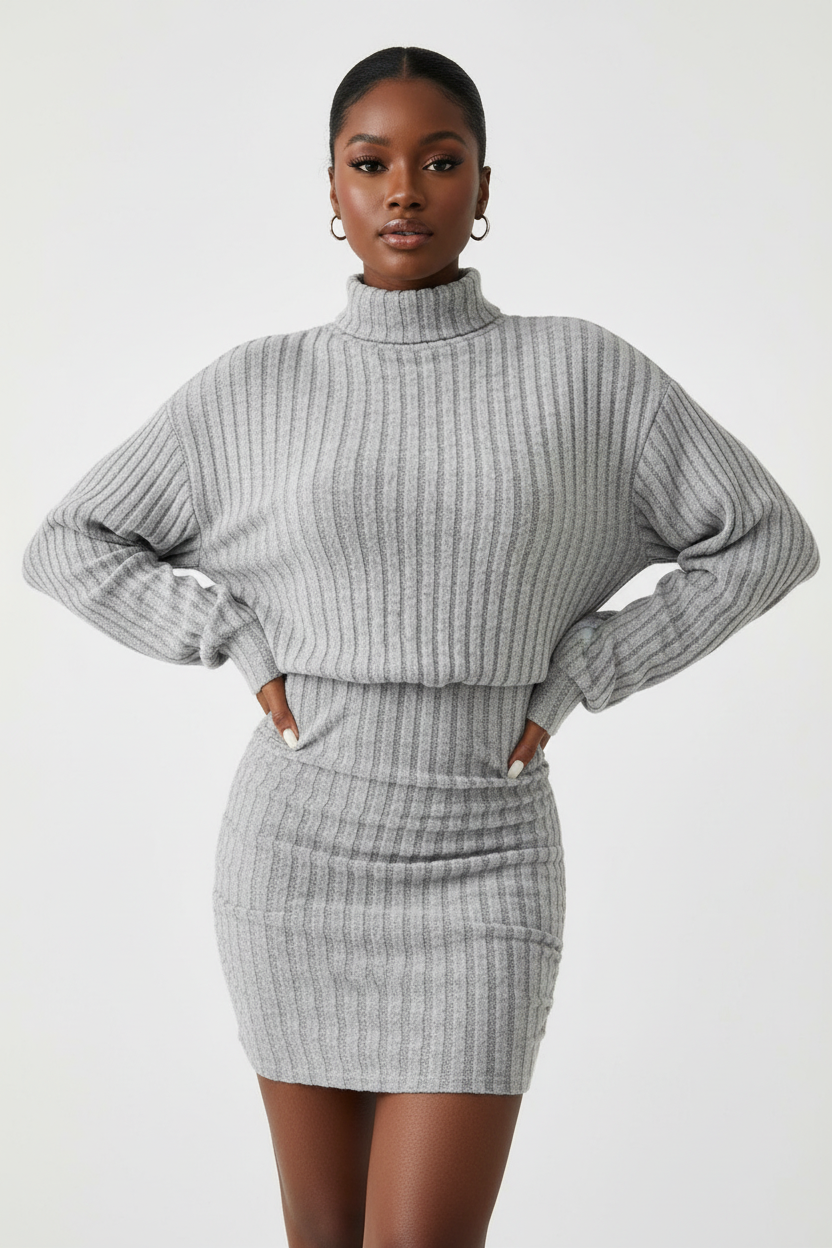  Robe pull mini moulante col roulé côtelée Black-Coat - vue de face montrant le tricot vertical gris et la coupe bodycon 