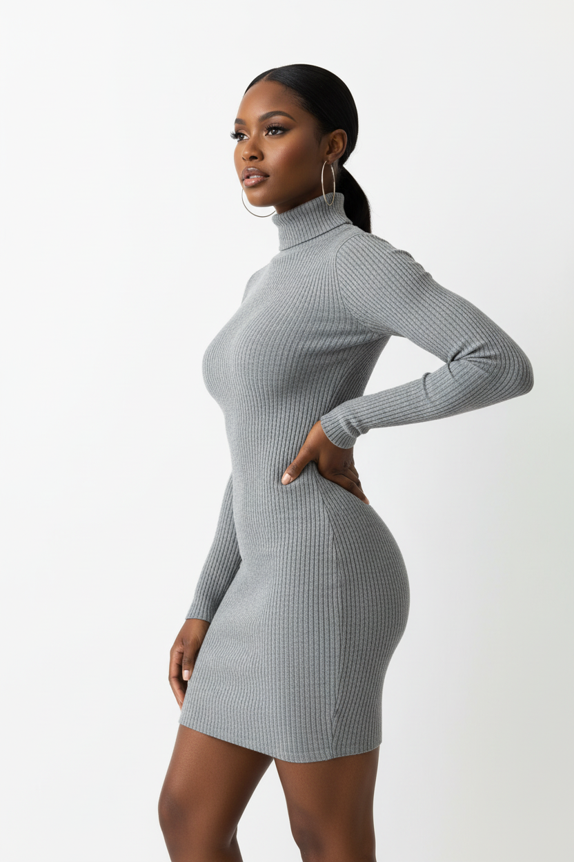 Robe pull mini moulante col roulé côtelée Black-Coat - vue latérale complète montrant la coupe bodycon flatteuse 