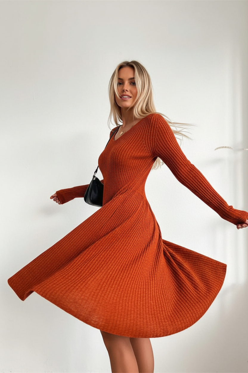 Robe pull courte orange côtelée avec jupe froncée à cordon - vue de face montrant le mannequin en rotation avec la robe en mouvement sur fond blanc - BLACK-COAT