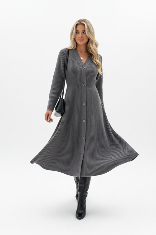Strickkleid mit Knopfleiste – bequem und elegant, Herbst/Winter, Größen S–XL