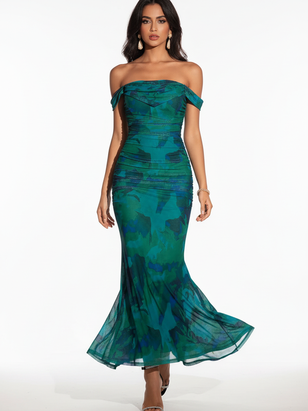 Robe Sirène Florale Épaules Dénudées Froncée - Soirée Glamour | Silhouette-Chic