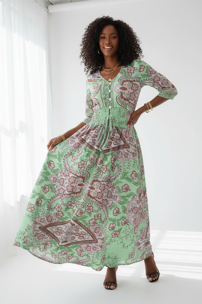  Robe Smockée à Imprimé Paisley Black-Coat verte et rose - angle diagonal révélant les détails de l'imprimé paisley sophistiqué