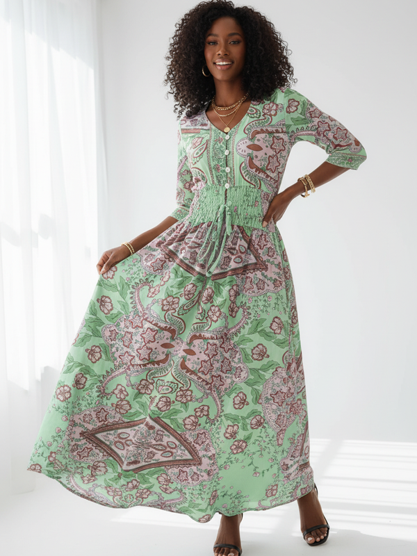 Robe Smockée à Imprimé Paisley Manches Mi-Longues - L'Élégance Bohème Chic | Silhouette-Chic