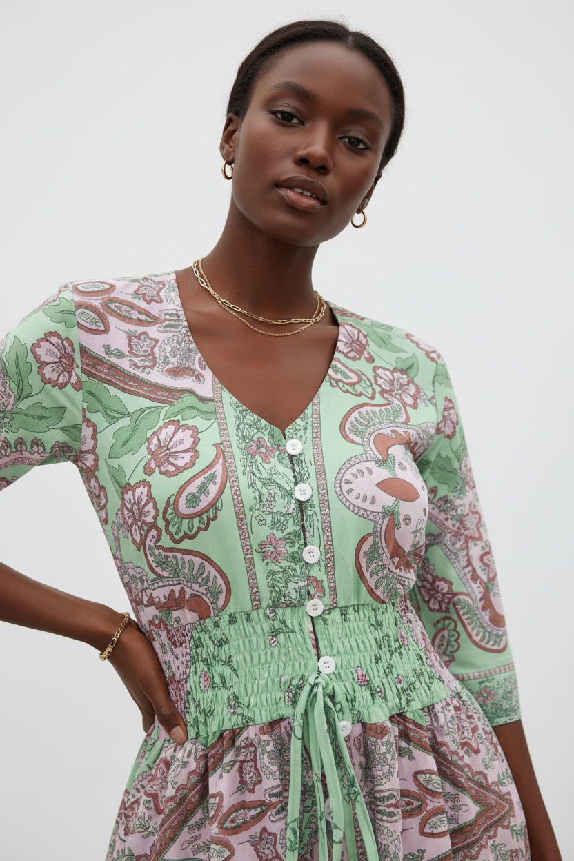  Détail du décolleté en V avec boutons et de la taille smockée de la Robe à Imprimé Paisley Black-Coat - montrant la finition premium