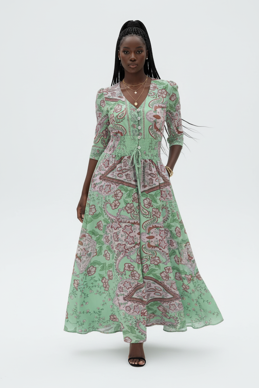  Robe Smockée à Imprimé Paisley Black-Coat verte et rose - vue dynamique en marche illustrant l'élégance bohème et l'allure confiante