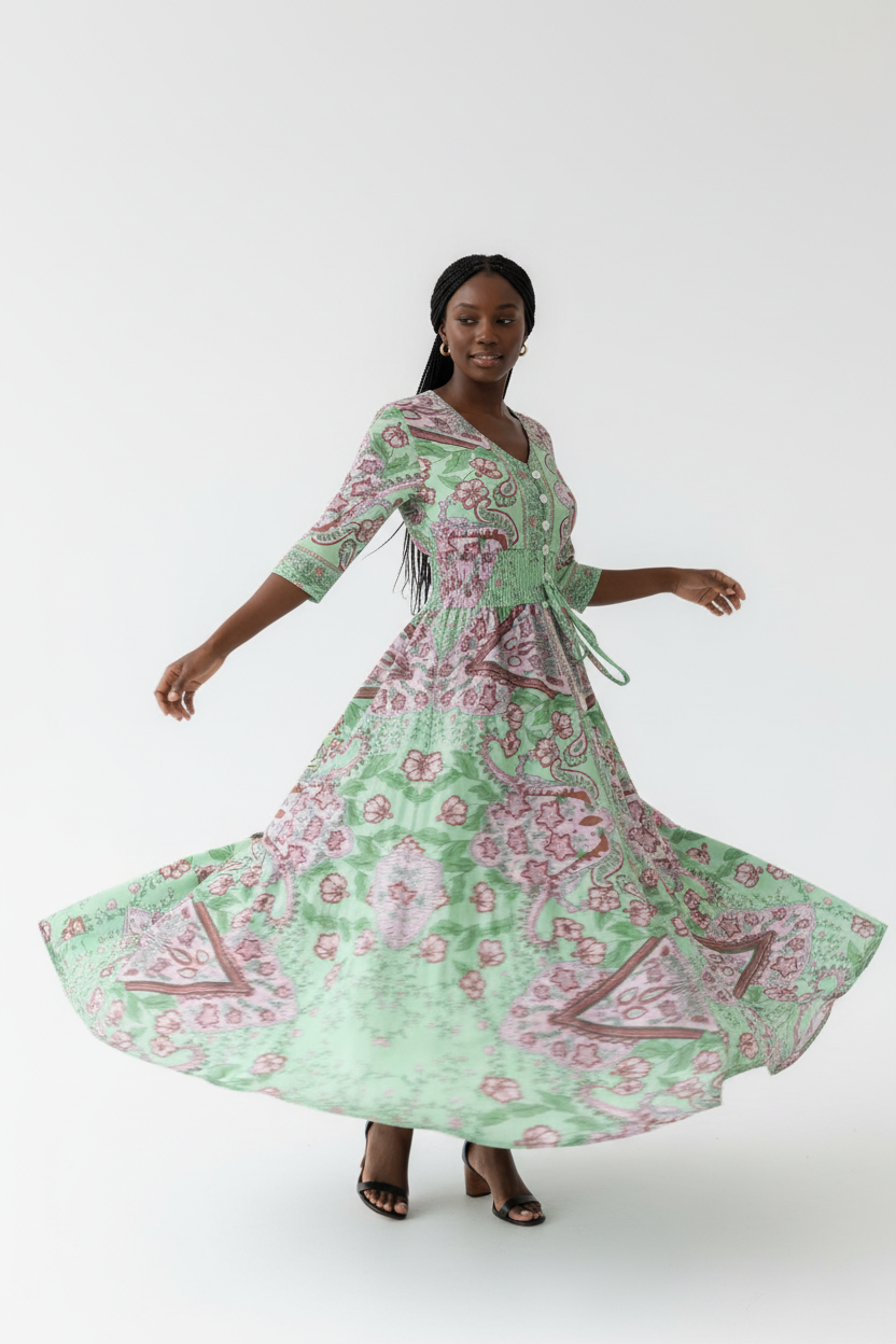 Robe Smockée à Imprimé Paisley Black-Coat verte et rose en mouvement - capture dynamique montrant l'amplitude de la robe et l'imprimé paisley