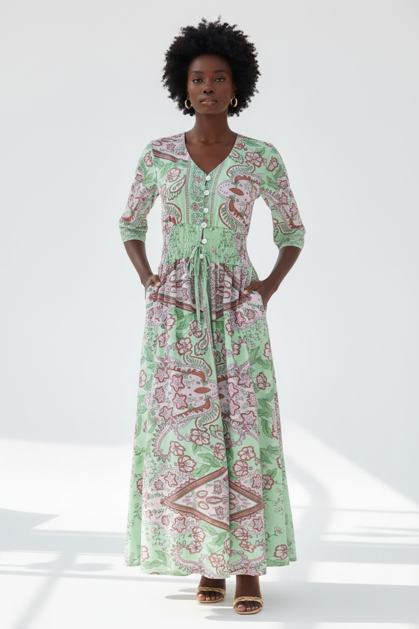  Mannequin portant la Robe Smockée à Imprimé Paisley Black-Coat verte et rose - vue de face montrant le décolleté en V avec boutons et la taille smockée