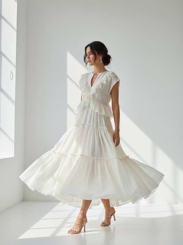 Robe Étagée Encolure Crantée Manches Courtes - Élégance Décontractée Féminine | Silhouette-Chic