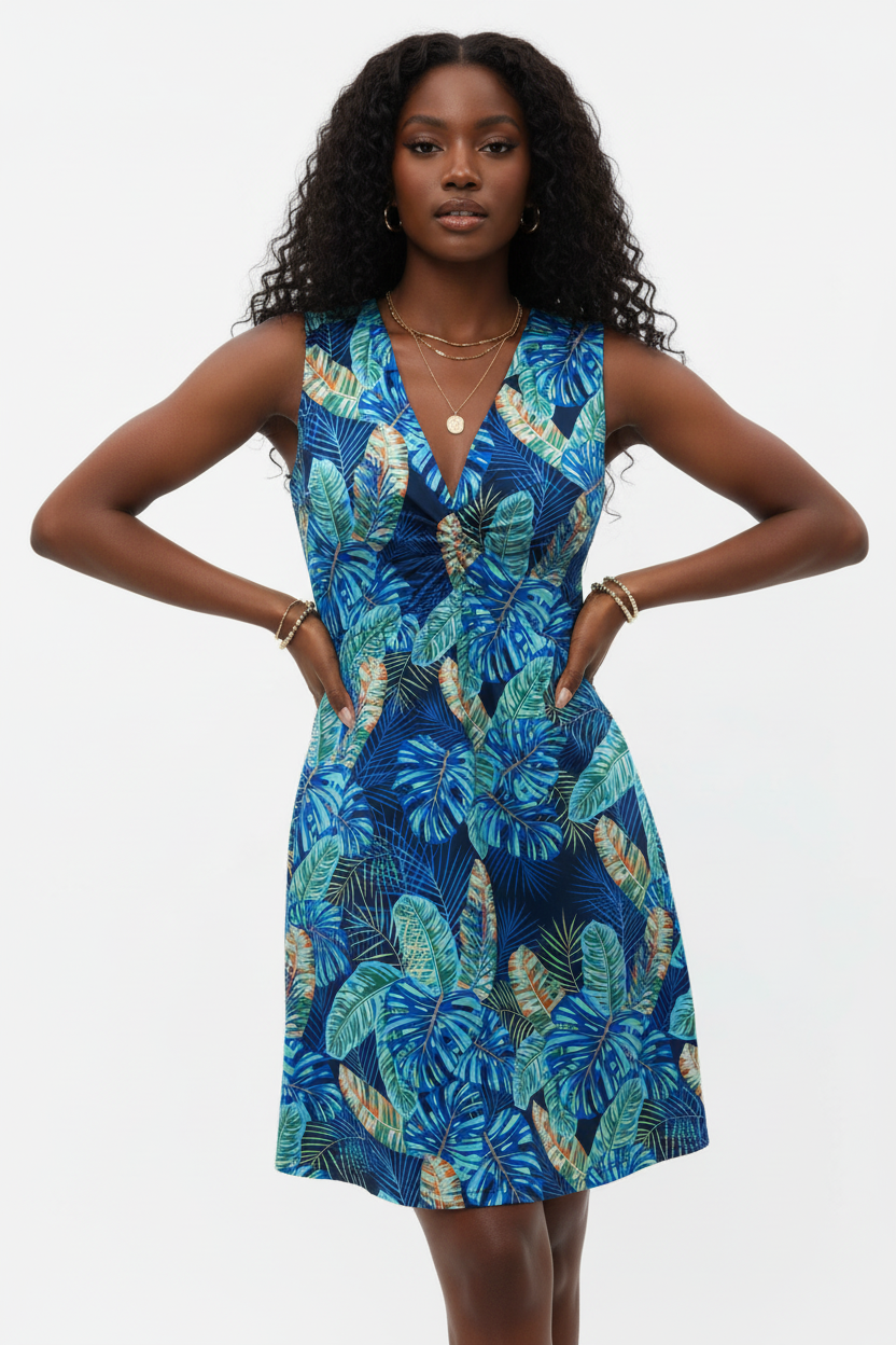 Robe d’été imprimé tropical Black-Coat - vue de face montrant le décolleté en V et le motif palmier bleu-vert vibrant 