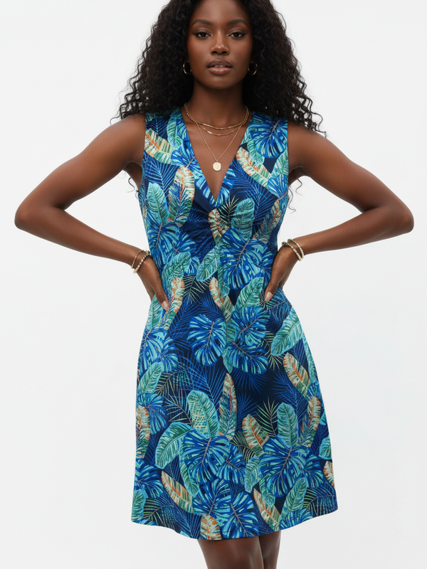 Robe d'Été Sans Manches Col V Imprimé Tropical - Légèreté & Chic | Silhouette-Chic