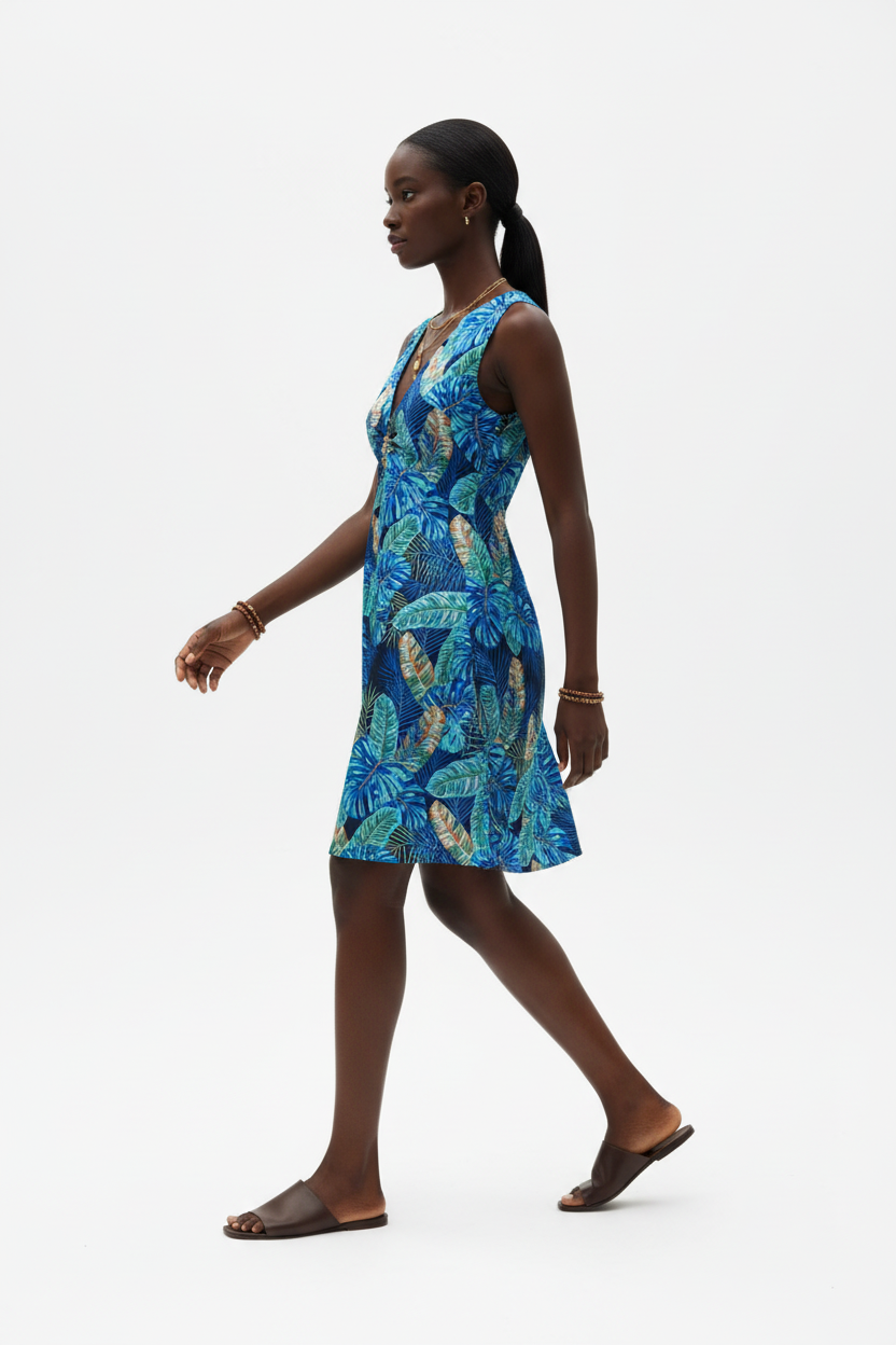  Robe d’été imprimé tropical Black-Coat - vue de profil révélant la silhouette fluide et les détails du motif feuillage 