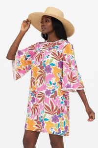 La Robe qui Sent les Vacances — Tunique Florale Tropicale Manches Évasées | Silhouette-Chic