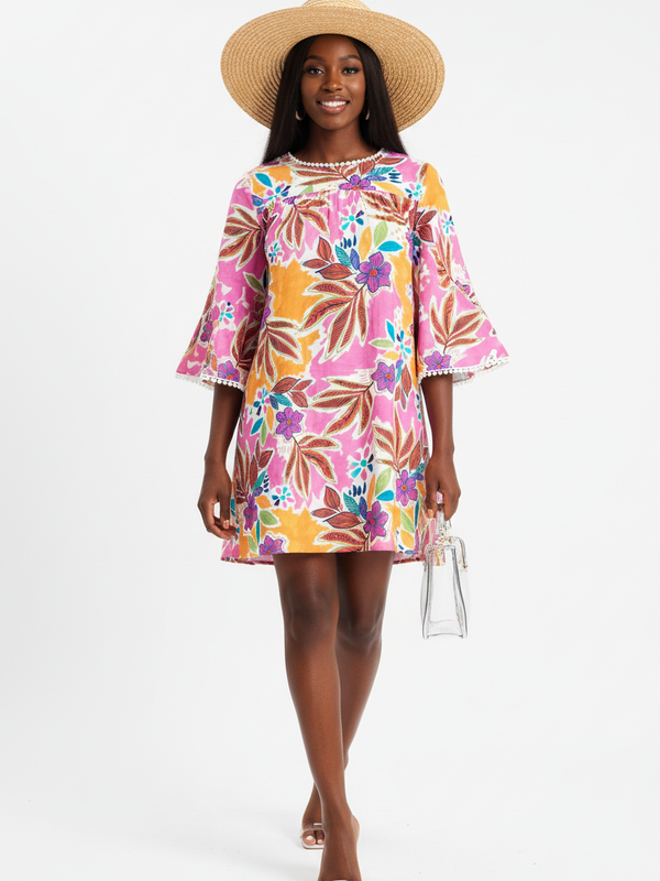 La Robe qui Sent les Vacances — Tunique Florale Tropicale Manches Évasées | Silhouette-Chic