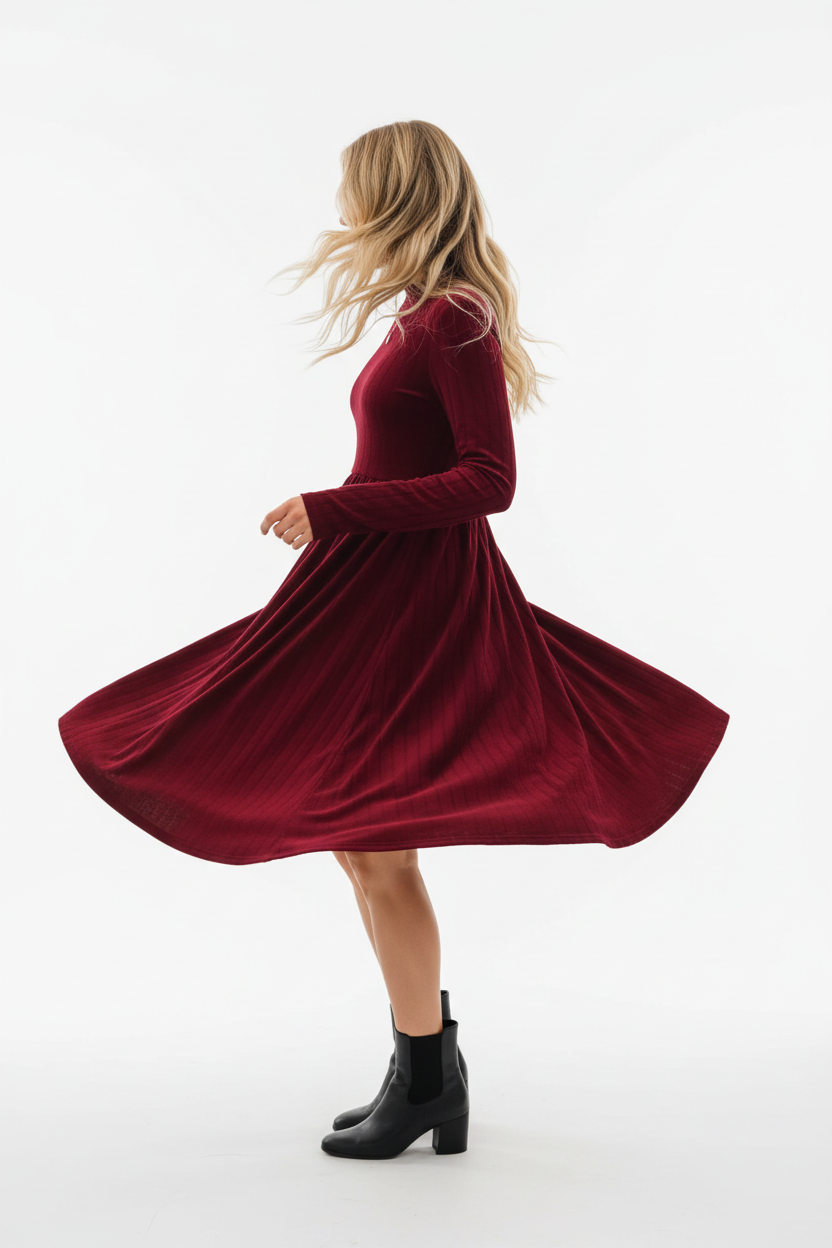 "Robe mini velours bordeaux col volant - en mouvement twirl montrant la jupe mini évasée qui tourne et s'ouvre, tissu velours fluide en mouvement dynamique, col à volants, texture bordeaux riche, fond blanc studio Silhouette-chic