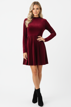 "Robe mini velours bordeaux col volant - look élégant romantique complet montrant la robe velours sophistiquée avec col montant à volants délicats, manches longues, jupe mini évasée ligne A, texture velours bordeaux luxueuse, silhouette chic, fond blanc studio professionnel Silhouette-chic