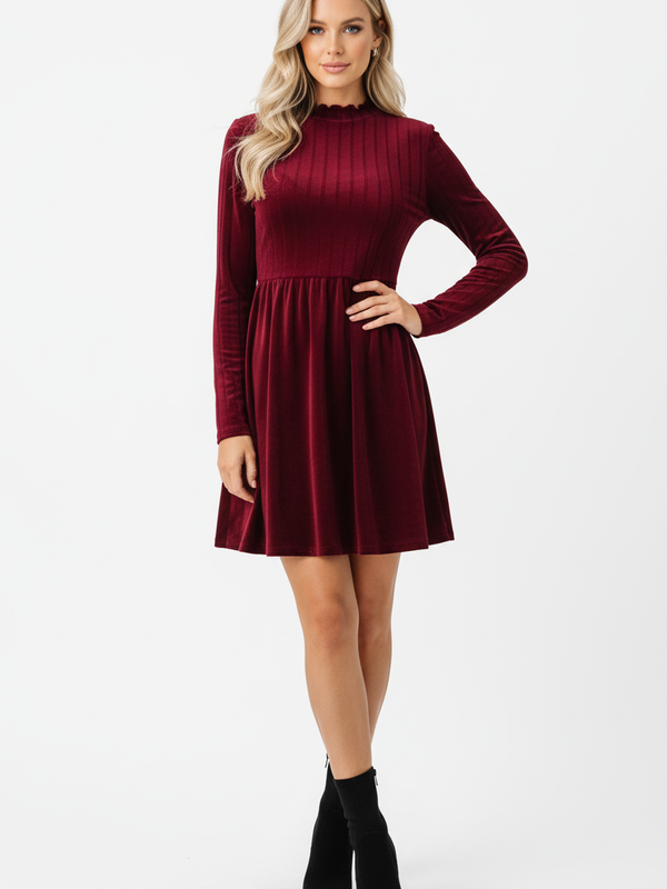 Robe Mini Maille Côtelée Col Volant - Élégance Romantique | Silhouette-Chic