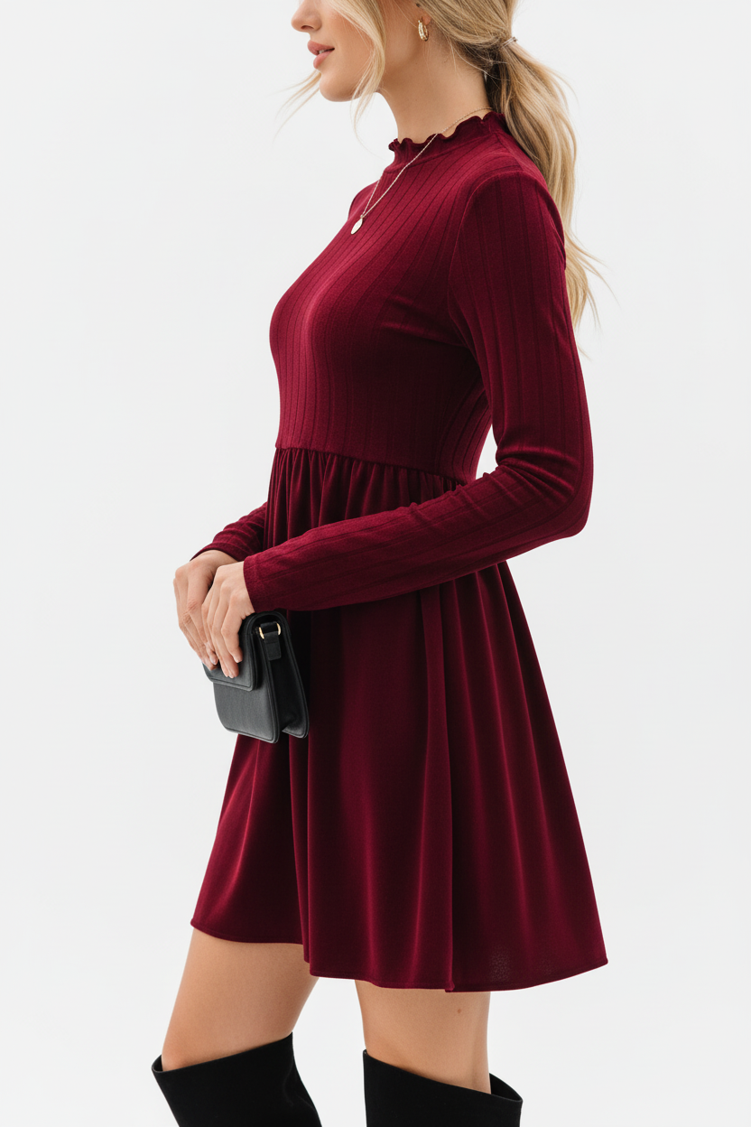 "Robe mini velours bordeaux col volant - vue de profil latéral montrant la silhouette ajustée évasée, col à volants visible de côté, jupe mini ligne A fluide, texture velours riche bordeaux, fond blanc studio Silhouette-chic