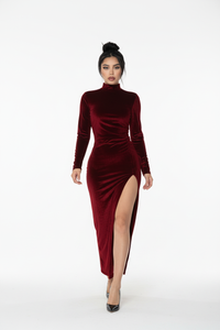 Robe Velours Col Montant Fente Latérale Soirée