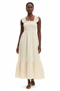 Robe Midi Vichy Sans Manches Smockée Volants — Douceur & Liberté