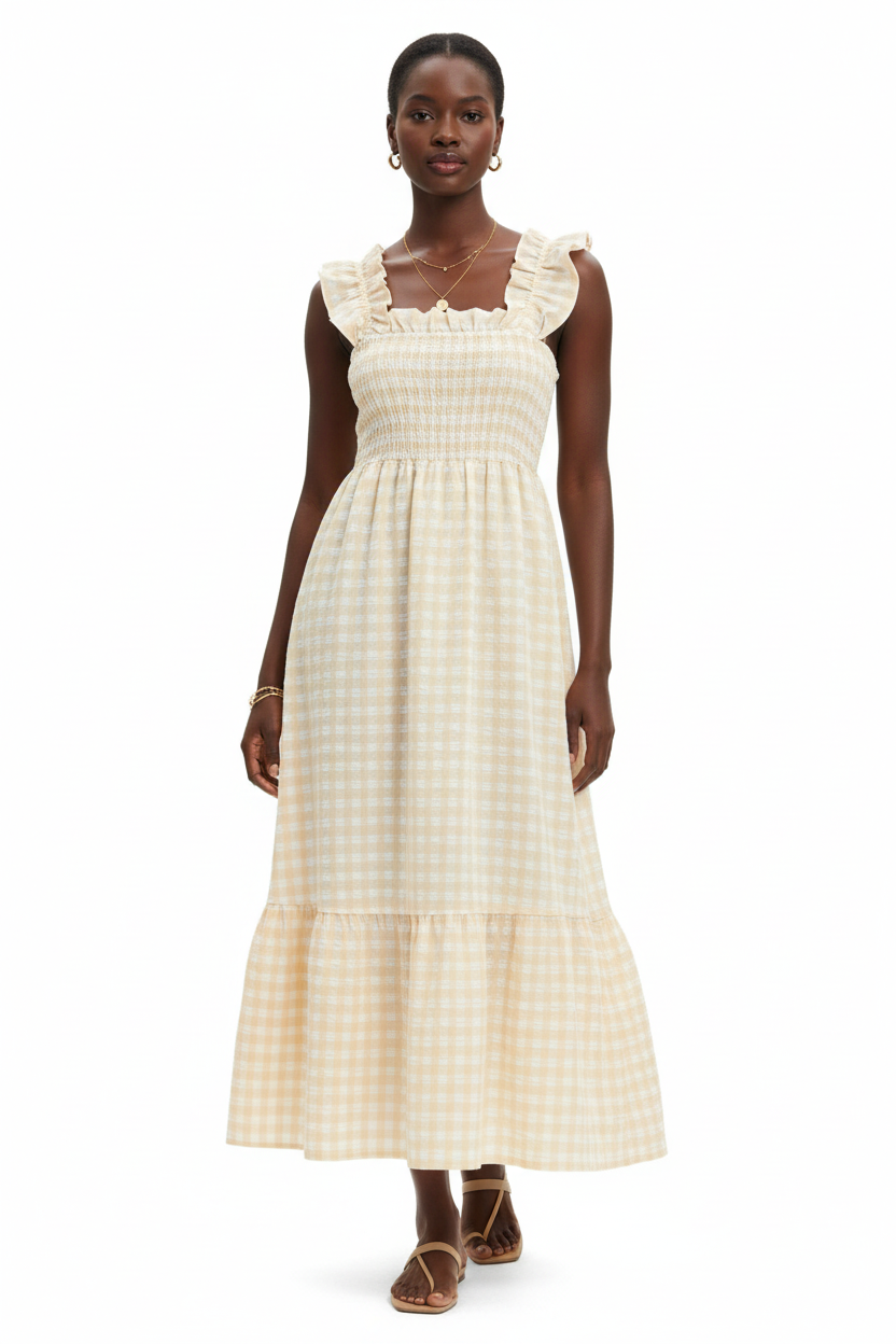 Robe midi vichy abricot crème lumineux à bretelles à volants romantiques, buste smocké légèrement extensible et jupe évasée à volants en cascade — vue de face en extérieur tropical révélant la chaleur lumineuse et estivale du motif vichy abricot et blanc, les bretelles à volants encadrant les épaules avec grâce, le buste smocké sculptant la silhouette et la jupe évasée à volants en cascade capturant la brise avec une légèreté romantique — bijoux dorés, sandales plates noires — Silhouette-Chic