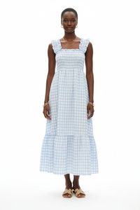 Robe Midi Vichy Sans Manches Smockée Volants — Douceur & Liberté