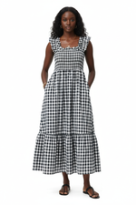 Robe Midi Vichy Sans Manches Smockée Volants — Douceur & Liberté