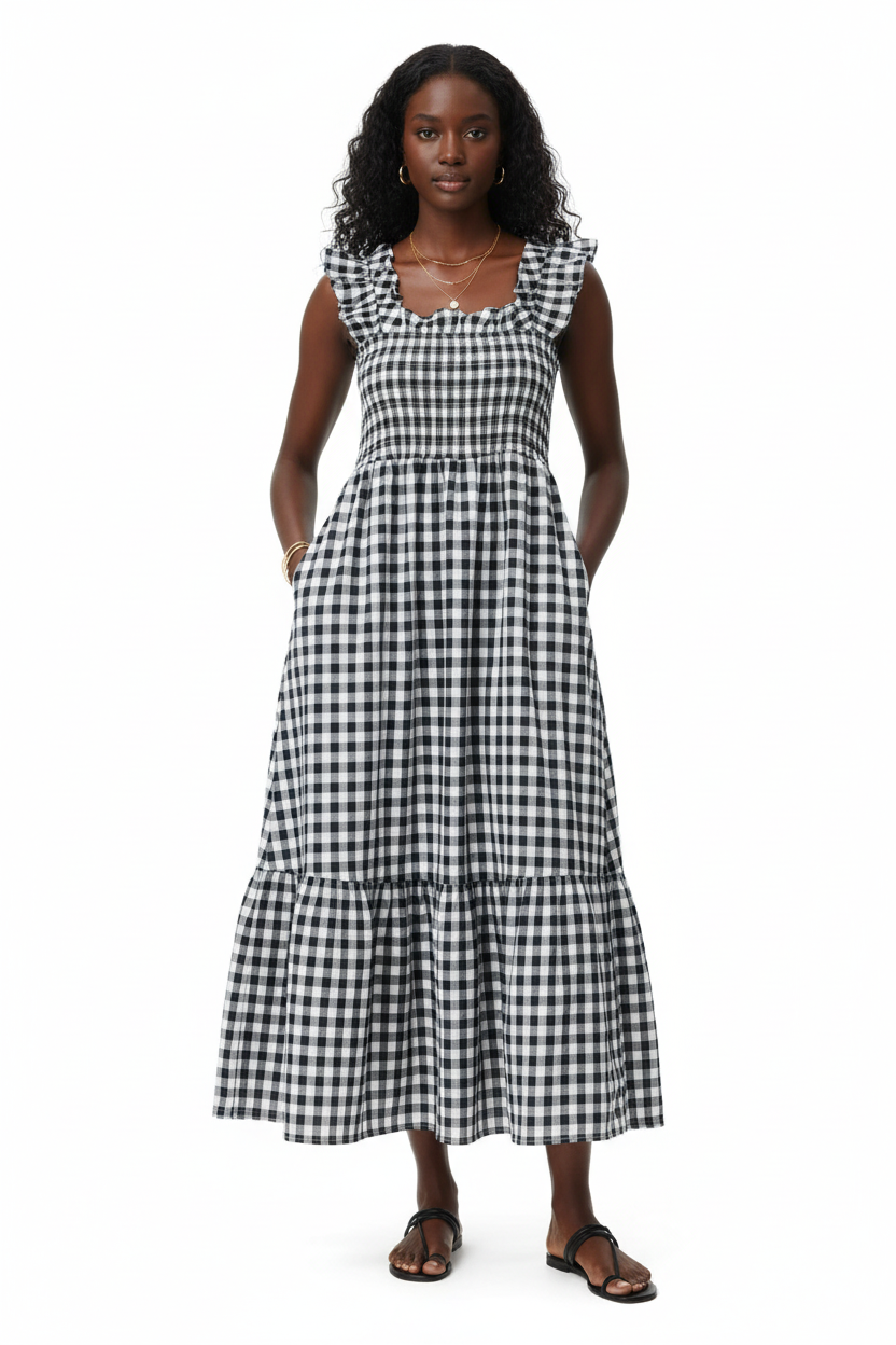 Robe midi vichy noir et blanc graphique à bretelles à volants romantiques, buste smocké légèrement extensible et jupe évasée à volants en cascade — vue de face en extérieur tropical révélant le contraste saisissant et graphique du motif vichy noir et blanc, les bretelles à volants encadrant les épaules avec grâce, le buste smocké sculptant la silhouette et la jupe évasée à volants en cascade apportant une féminité inattendue au motif graphique — bijoux dorés, sandales plates noires — Silhouette-Chic