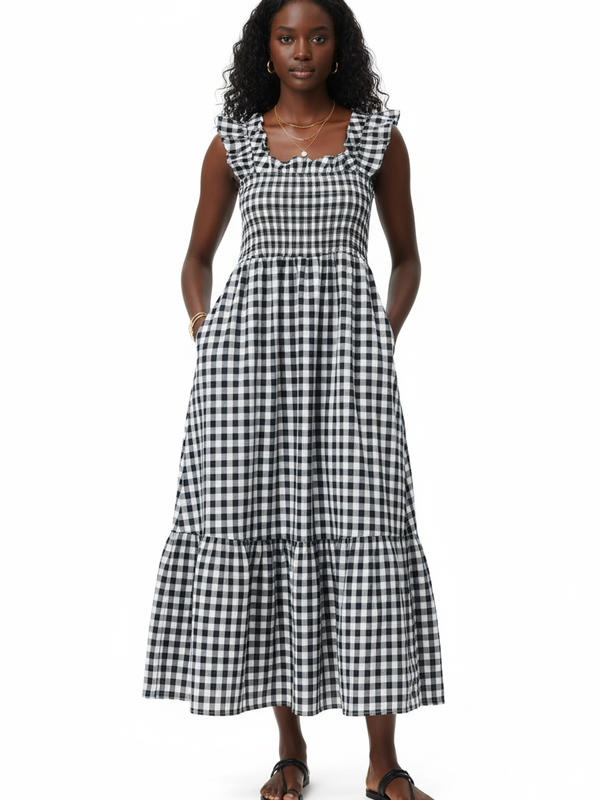 Robe Midi Vichy Sans Manches Smockée Volants — Douceur & Liberté