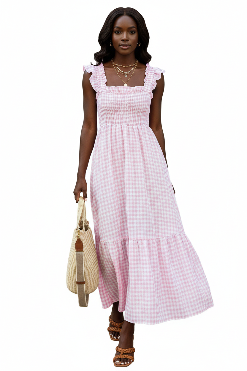 Robe midi vichy rose bonbon tendre à bretelles à volants romantiques, buste smocké légèrement extensible et jupe évasée à volants en cascade — vue de face plein pied révélant la douceur lumineuse et féminine du motif vichy rose et blanc, les bretelles à volants encadrant les épaules avec une grâce romantique, le buste smocké sculptant la silhouette avec bienveillance et la jupe évasée à volants en cascade virevolant avec légèreté à chaque pas — colliers dorés superposés, montre argentée, sac cabas en paille