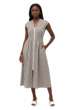 Robe Midi Vichy Col V Zip Frontal Taille Smockée — Chic & Inoubliable