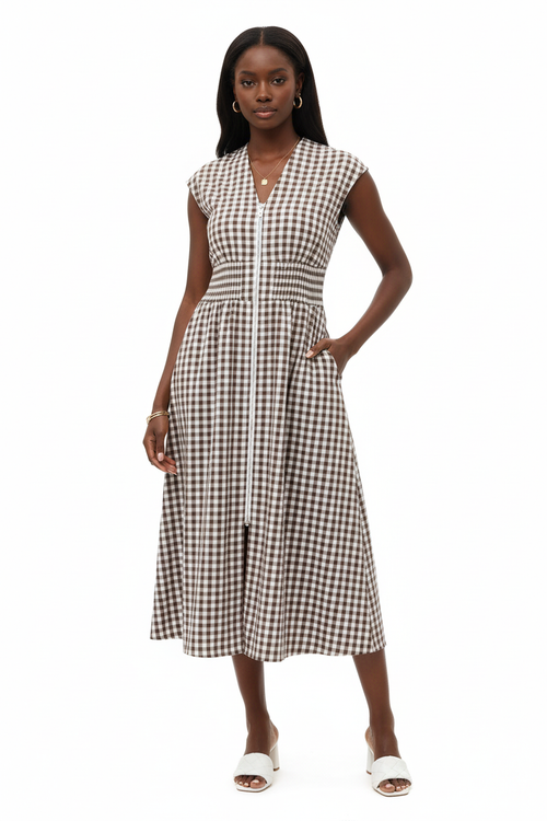 Robe Midi Vichy Col V Zip Frontal Taille Smockée — Chic & Inoubliable