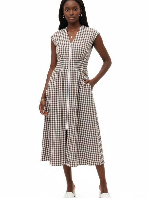 Robe Midi Vichy Col V Zip Frontal Taille Smockée — Chic & Inoubliable