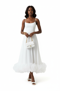 Robe Midi Bretelles Fines Ourlet Volants Organza — Grâce & Élégance