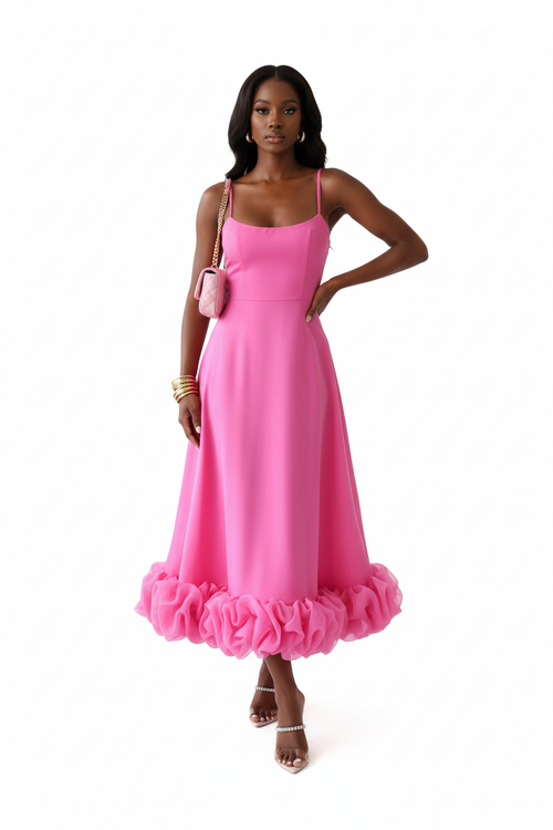 Robe Midi Bretelles Fines Ourlet Volants Organza — Grâce & Élégance