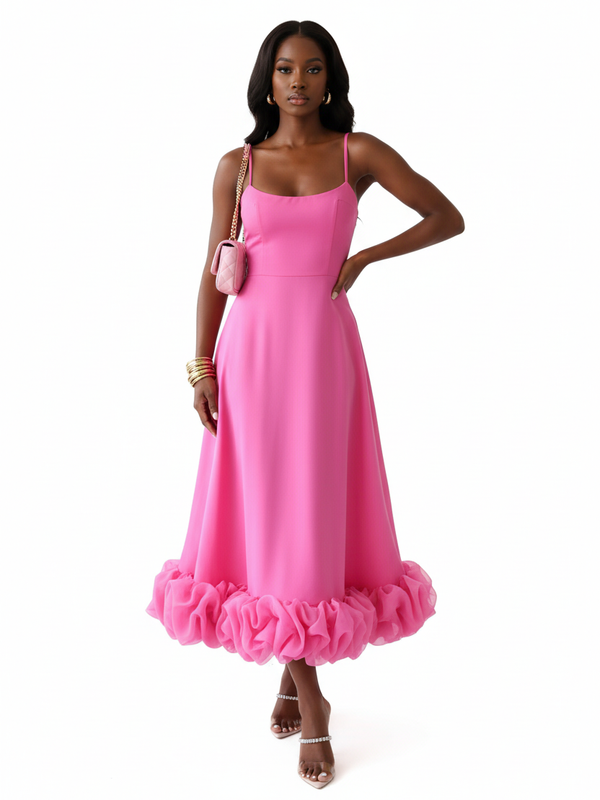 Robe Midi Bretelles Fines Ourlet Volants Organza — Grâce & Élégance
