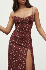 Robe Midi Bordeaux Imprimé Floral avec Fente - Romance Florale | Silhouette-Chic