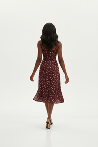 Robe Midi Bordeaux Imprimé Floral avec Fente - Romance Florale | Silhouette-Chic