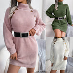 Robe Pull Longue Col Roulé Boutons Hiver