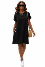 Robe Mini T-Shirt Uni Col Rond Manches Courtes Retroussées Poches Latérales