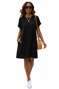 Robe Mini T-Shirt Uni Col Rond Manches Courtes Retroussées Poches Latérales
