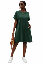 Robe Mini T-Shirt Uni Col Rond Manches Courtes Retroussées Poches Latérales