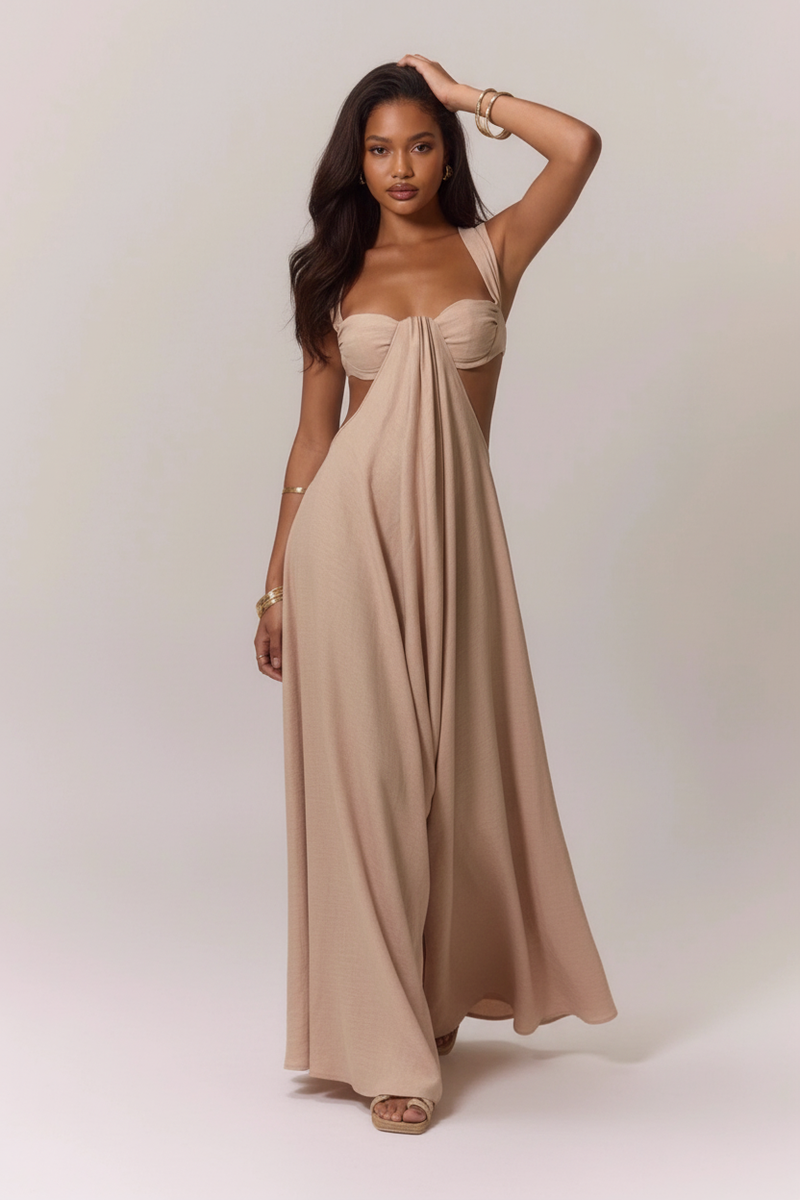Robe Longue Encolure Cœur avec Découpes - Élégance Abricot | Silhouette-Chic