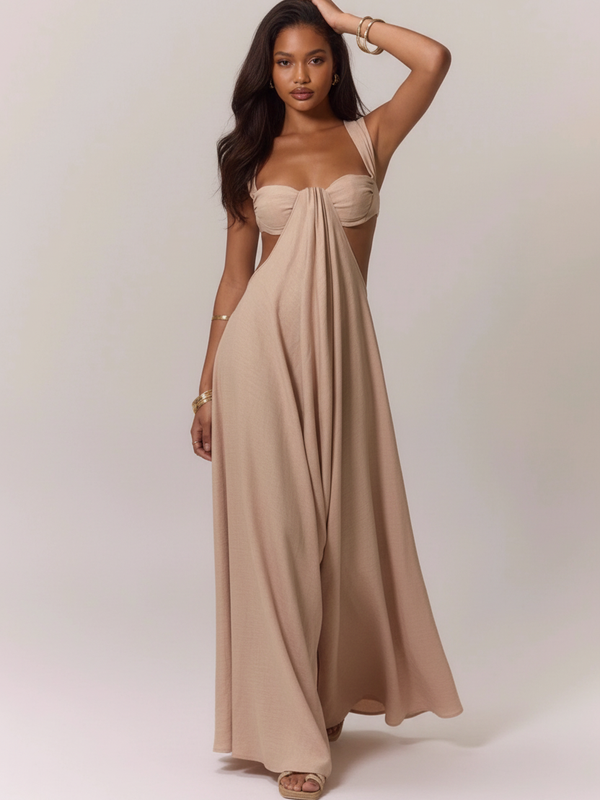 Robe Longue Encolure Cœur avec Découpes - Élégance Abricot | Silhouette-Chic