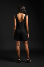 Combi-Short Noir Côtelé Sans Manches Col U Boutons Avec Poches