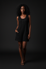 Combi-Short Noir Côtelé Sans Manches Col U Boutons Avec Poches