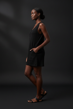 Combi-Short Noir Côtelé Sans Manches Col U Boutons Avec Poches